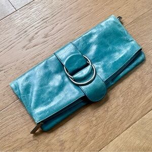 Hobo International Teal Leather Foldover Clutch Y2K Boho Ring Handle Bag EUC